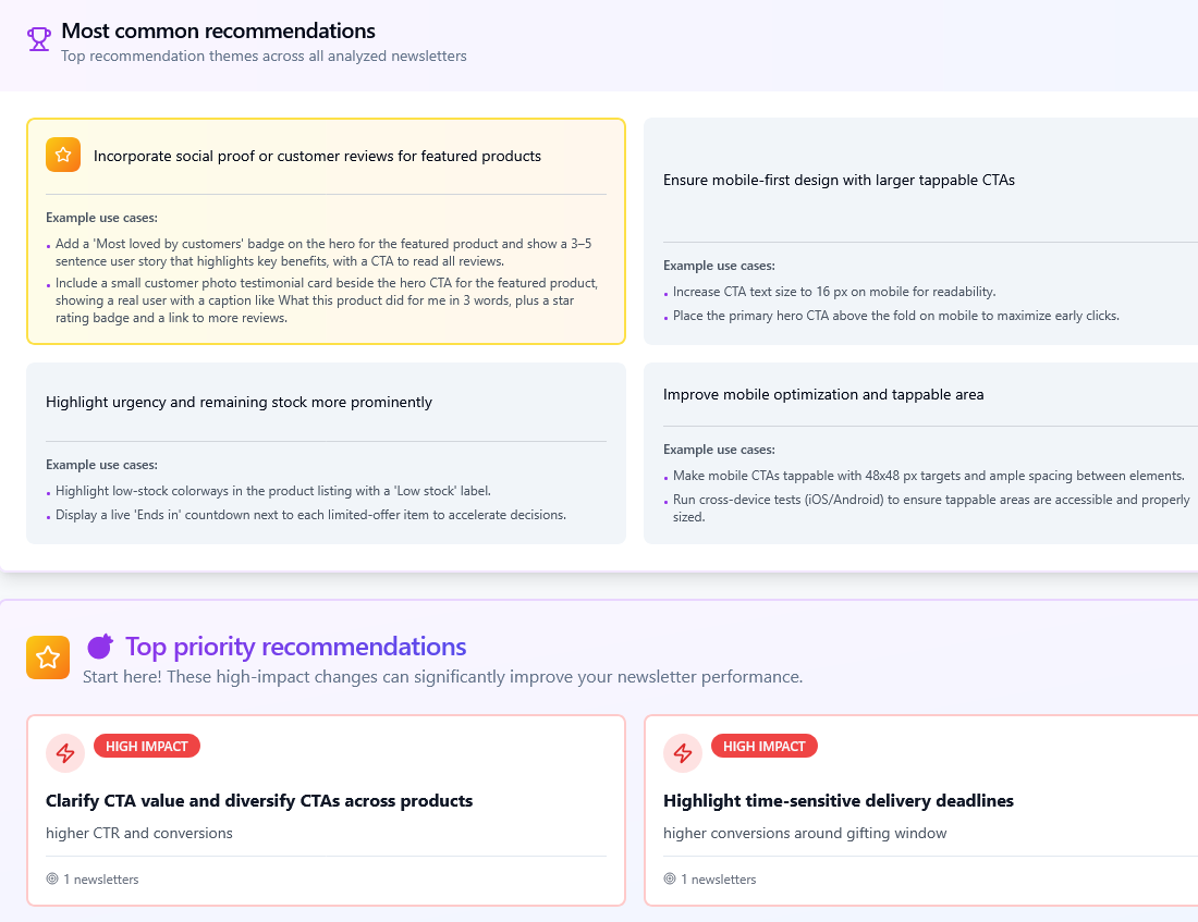 Four Most common recommendations tiles, the first one starred and tinted yellow, each listing two example use cases, above two Top priority recommendations cards badged HIGH IMPACT and reading 1 newsletters